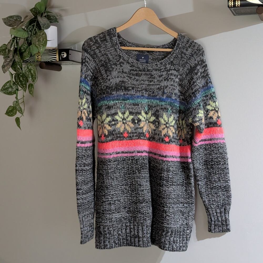 American Eagle | Jegging Sweater Wool Blend Fair Isle Charcoal Neon | Women's L